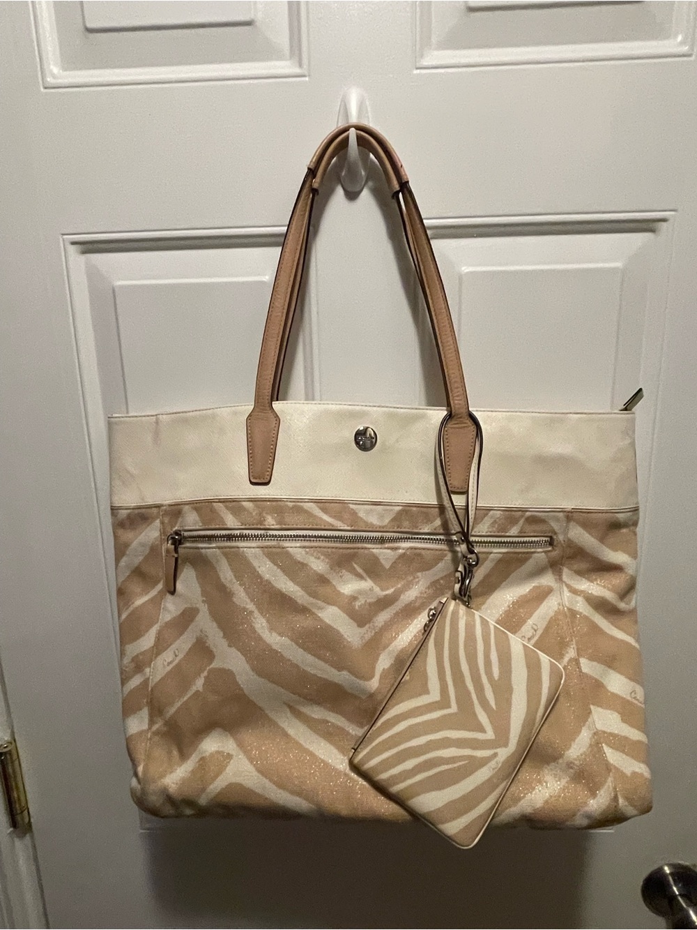 Coach Beige and Cream Zebra Print Tote